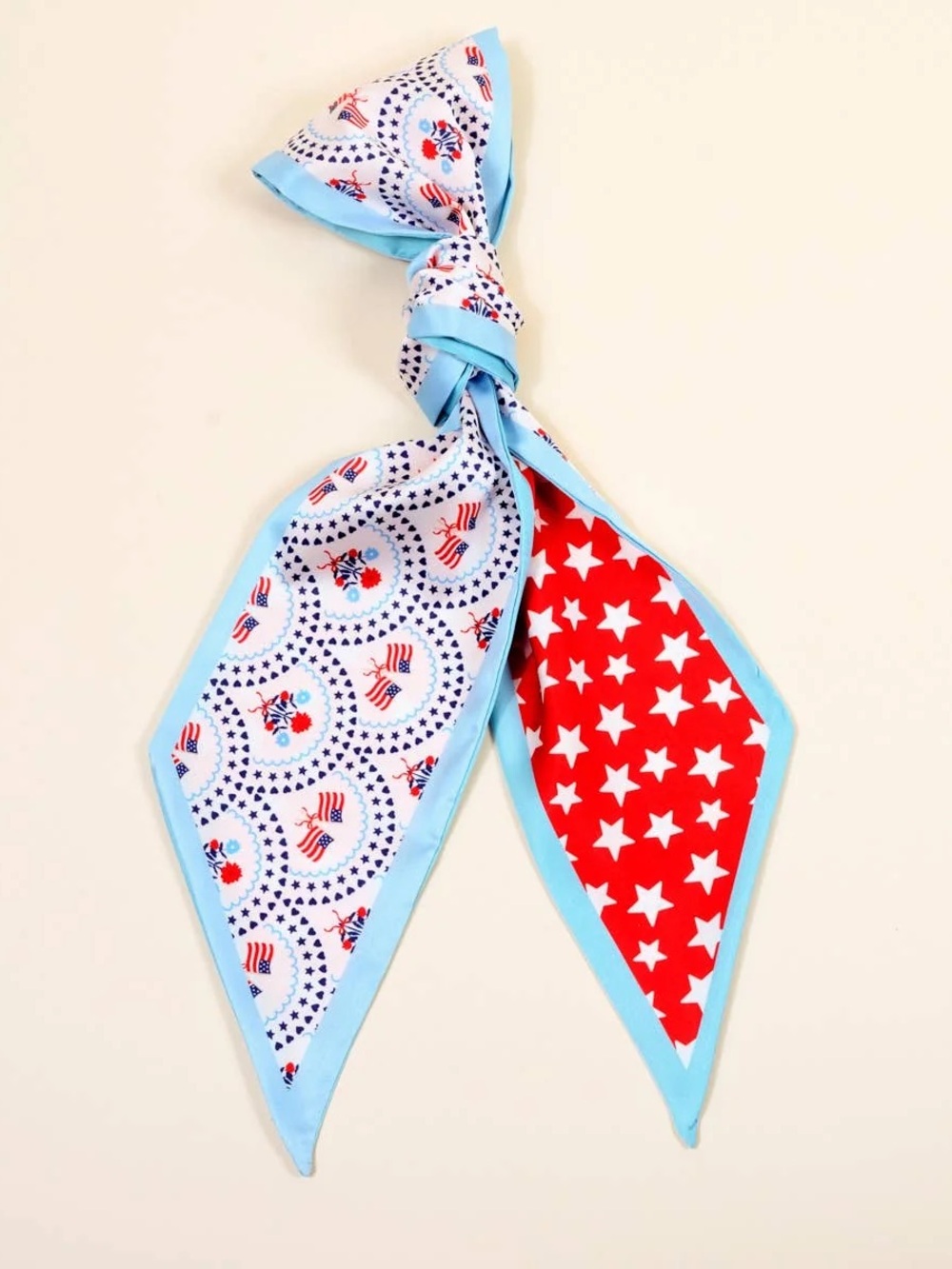 Blue-Trim Red & White Star Print Hair Scarf